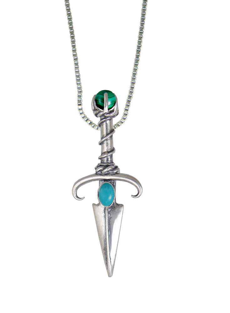 Sterling Silver Black Prince's Knife Dagger Pendant With Turquoise And Malachite